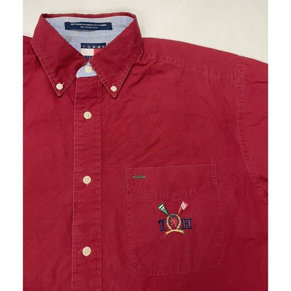 VINTAGE Tommy Hilfiger Button Up Shirt Men Small Red Crest Logo 90s - Picture 2 of 7